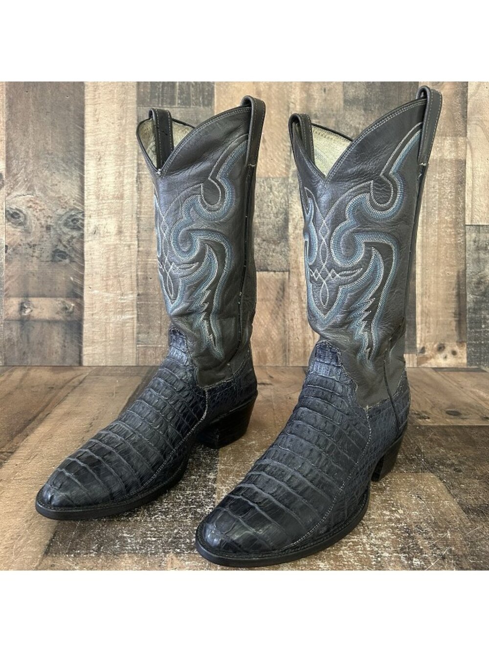 Vintage Unbranded Gray Caiman Tail Round Toe Cowboy Boots Mens 9 EE
